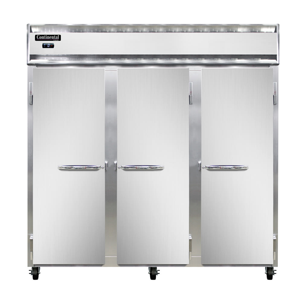 Continental 3FN 78" Three Section Reach In Freezer, (3) Left/Right Hinge Solid Doors, 115/208-230v
