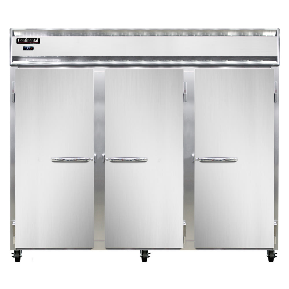 Continental 3REN 85 1/2" Three Section Reach In Refrigerator, (3) Left/Right Hinge Solid Doors, Top Compressor, 115v