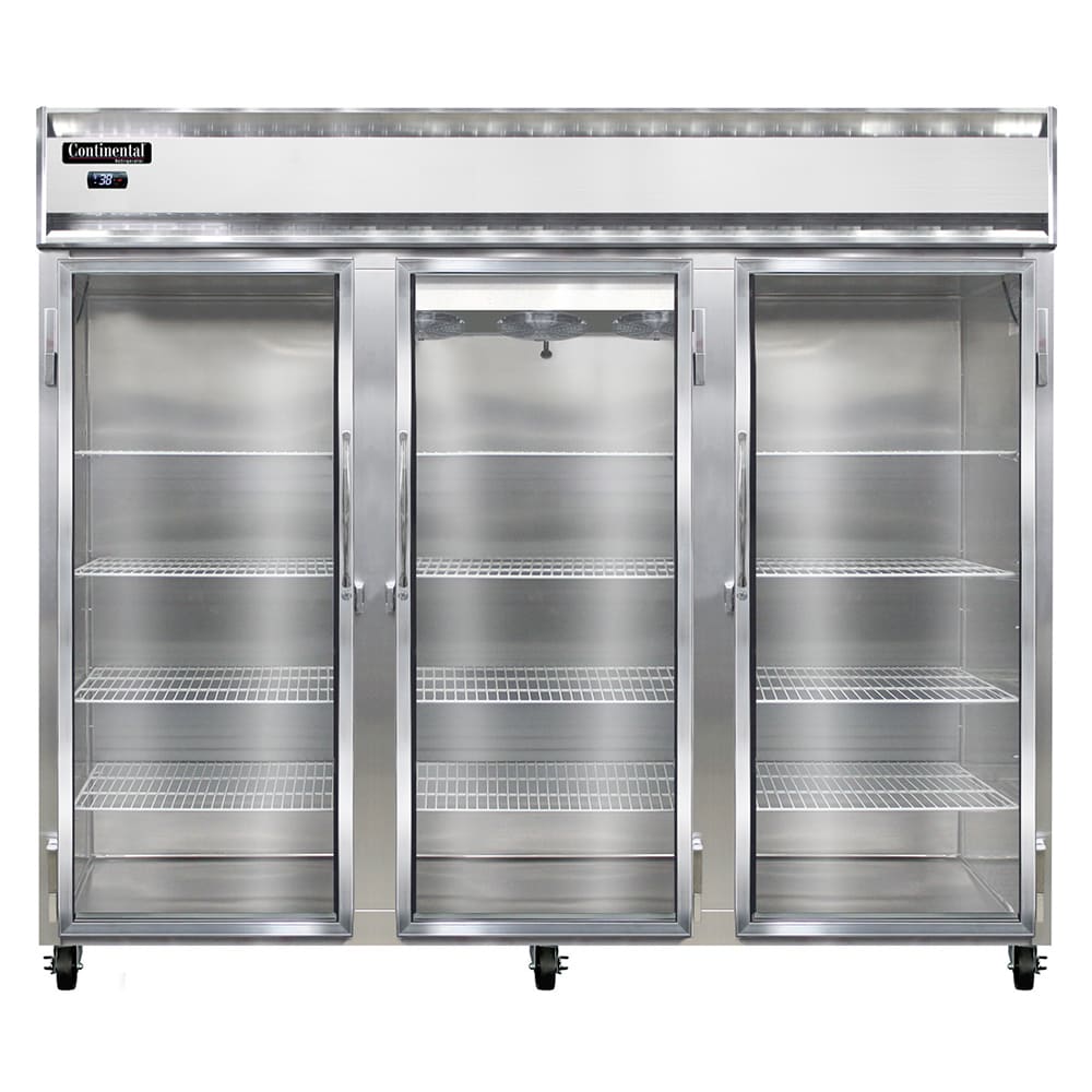 Continental 3RENGD 85 1/2" Three Section Reach In Refrigerator, (3) Left/Right Hinge Glass Doors, Top Compressor, 115v