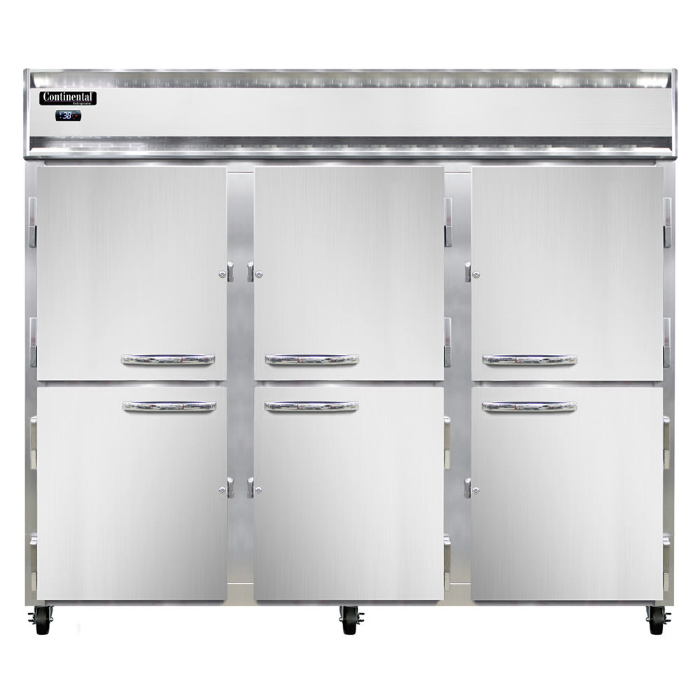 Continental 3RENHD 85 1/2" Three Section Reach In Refrigerator, (6) Left/Right Hinge Solid Doors, Top Compressor, 115v