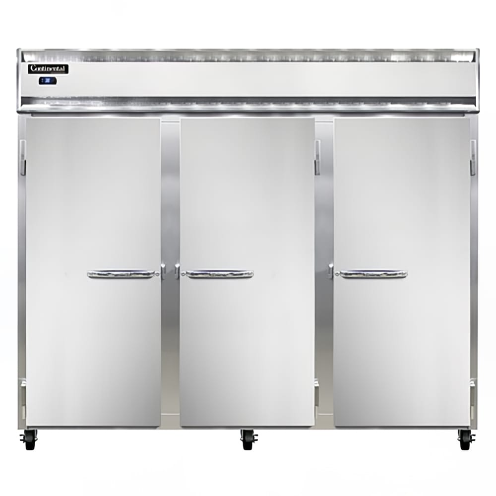 Continental 3RENSA 85 1/2" Three Section Reach In Refrigerator, (3) Left/Right Hinge Solid Doors, Top Compressor, 115v
