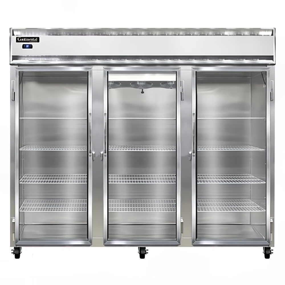 Continental 3RENSAGD 85 1/2" Three Section Reach In Refrigerator, (3) Left/Right Hinge Glass Doors, Top Compressor, 115v