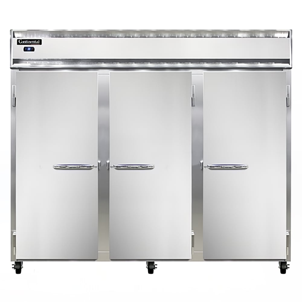 Continental 3RESN 85 1/2" Three Section Reach In Refrigerator, (3) Left/Right Hinge Solid Doors, Top Compressor, 115v