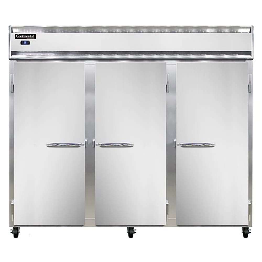 Continental 3RESNSA 85 1/2" Three Section Reach In Refrigerator, (3) Left/Right Hinge Solid Doors, Top Compressor, 115v