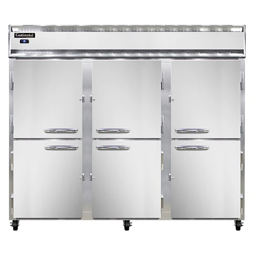 Continental 3RESNSAHD 85 1/2" Three Section Reach In Refrigerator, (6) Left/Right Hinge Solid Doors, Top Compressor, 115v