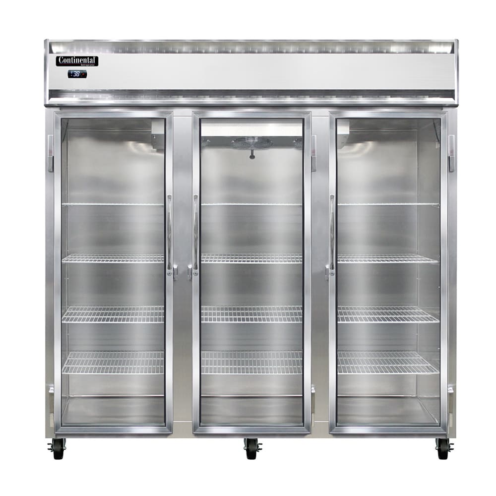 Continental 3RNGD 78" Three Section Reach In Refrigerator, (3) Left/Right Hinge Glass Doors, Top Compressor, 115v