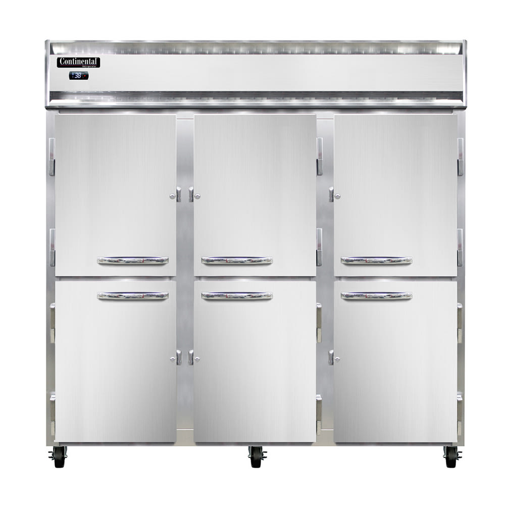 Continental 3RNHD 78" Three Section Reach In Refrigerator, (6) Left/Right Hinge Solid Doors, Top Compressor, 115v