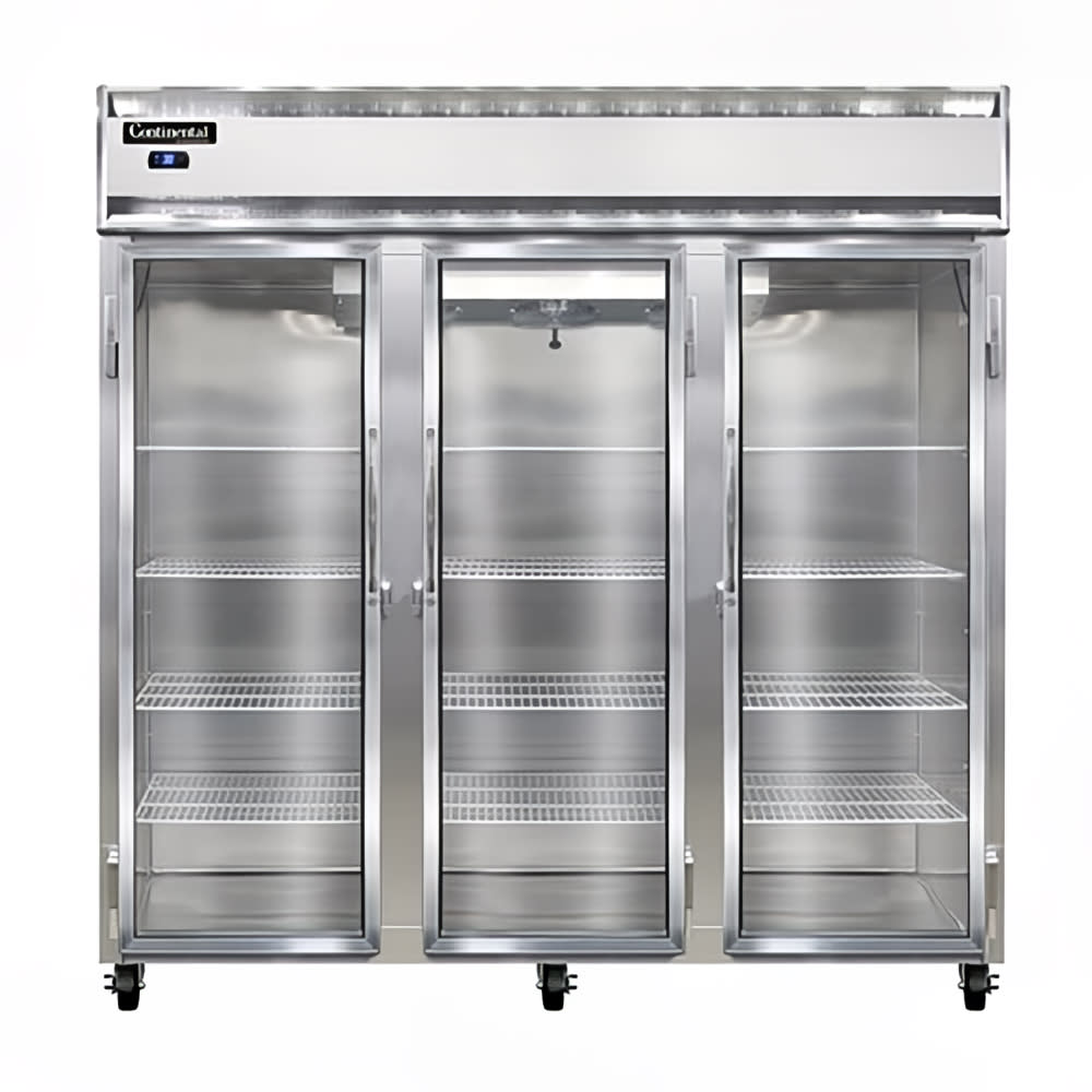 Continental 3RNSAGD 78" Three Section Reach In Refrigerator, (3) Left/Right Hinge Glass Doors, Top Compressor, 115v