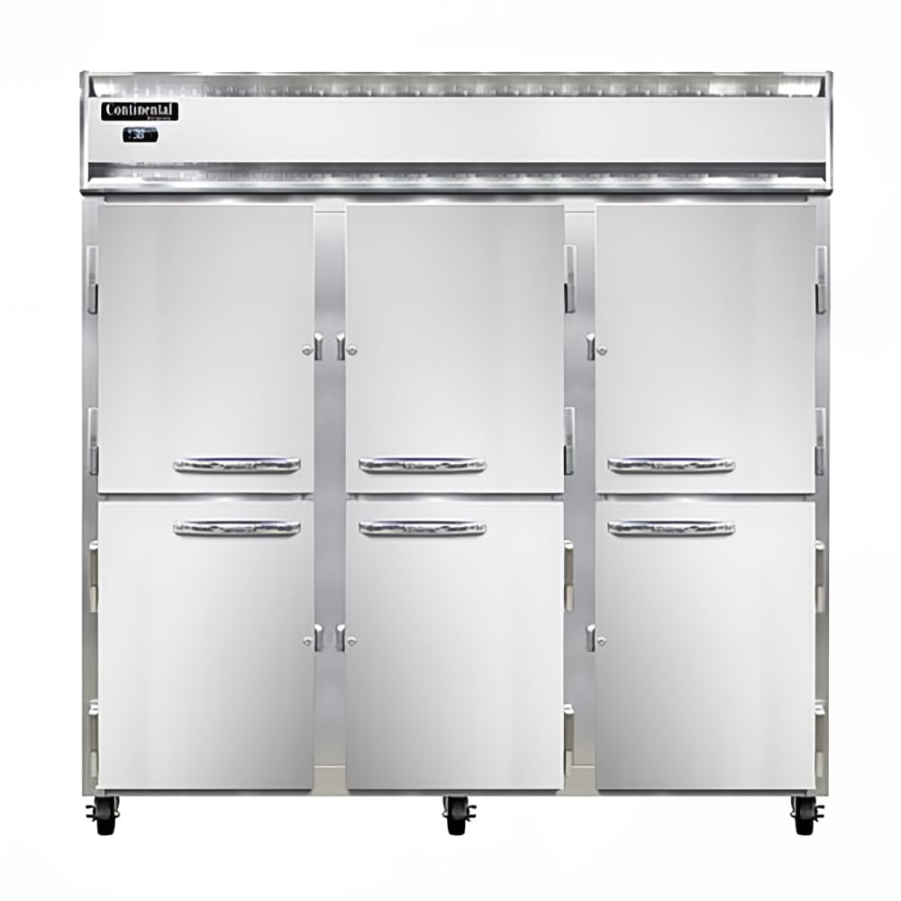Continental 3RNSAHD 78" Three Section Reach In Refrigerator, (6) Left/Right Hinge Solid Doors, Top Compressor, 115v