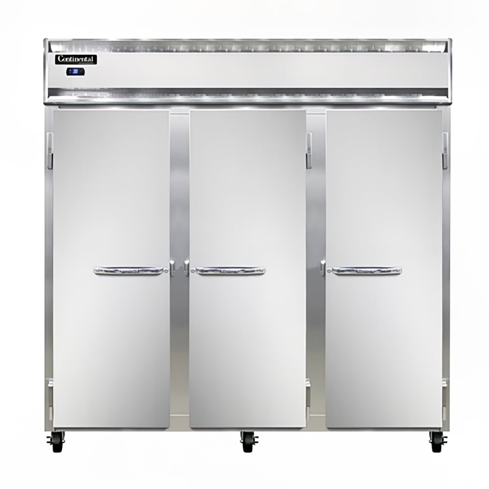 Continental 3RNSS 78" Three Section Reach In Refrigerator, (3) Left/Right Hinge Solid Doors, Top Compressor, 115v