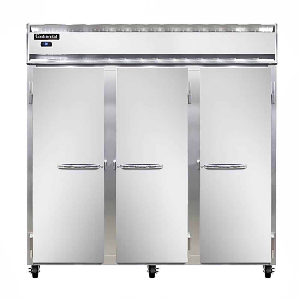 Continental 3RSN 78" Three Section Reach In Refrigerator, (3) Left/Right Hinge Solid Doors, Top Compressor, 115v