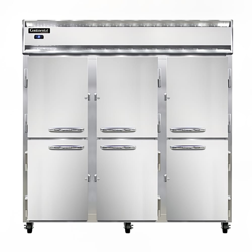 Continental 3RSNSAHD 78" Three Section Reach In Refrigerator, (6) Left/Right Hinge Solid Doors, Top Compressor, 115v