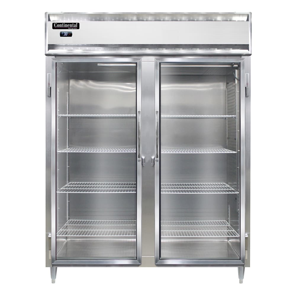 Continental D2RENGD 57" Two Section Reach In Refrigerator, (2) Left/Right Hinge Glass Doors, Top Compressor, 115v