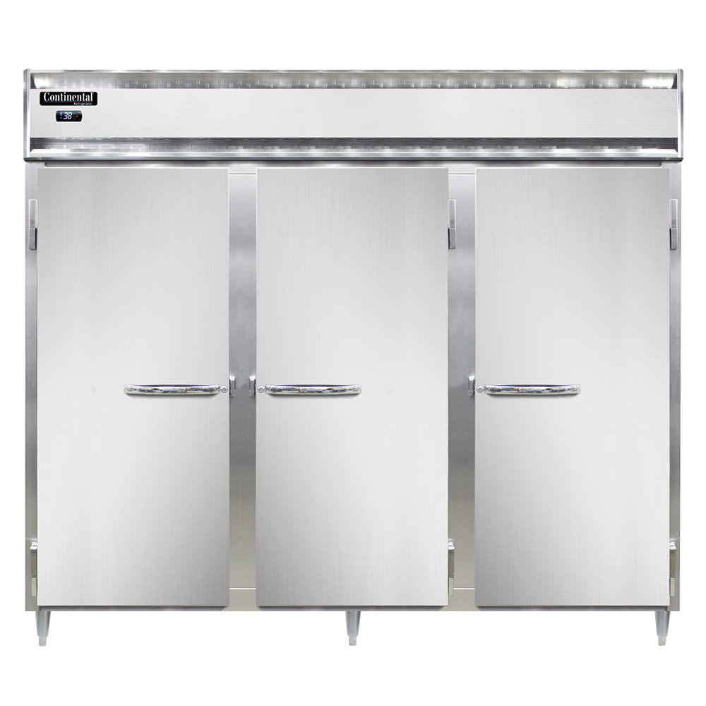 Continental D3REN 85 1/2" Three Section Reach In Refrigerator, (3) Left/Right Hinge Solid Doors, Top Compressor, 115v