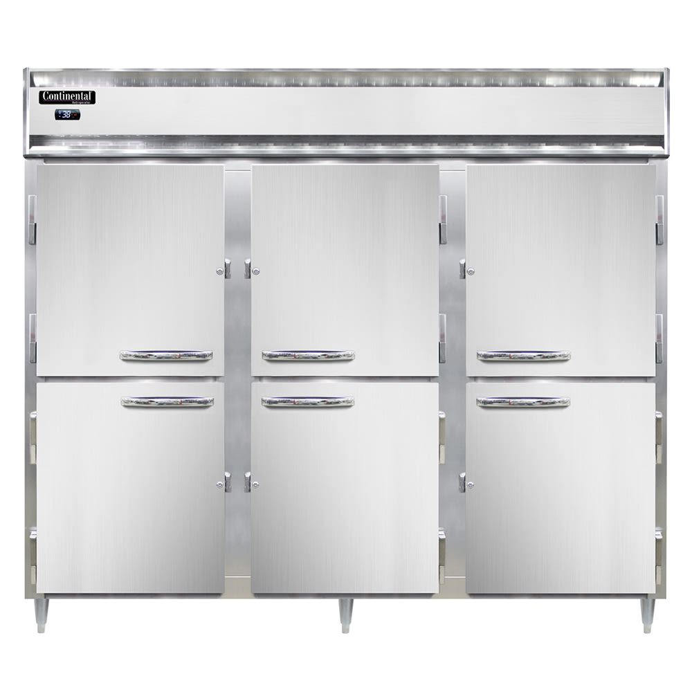 Continental D3RENHD 85 1/2" Three Section Reach In Refrigerator, (6) Left/Right Hinge Solid Doors, Top Compressor, 115v
