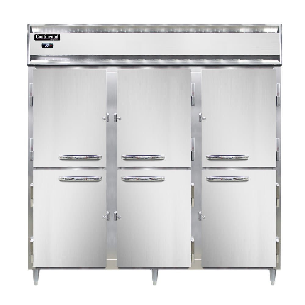 Continental D3RNHD 78" Three Section Reach In Refrigerator, (6) Left/Right Hinge Solid Doors, Top Compressor, 115v