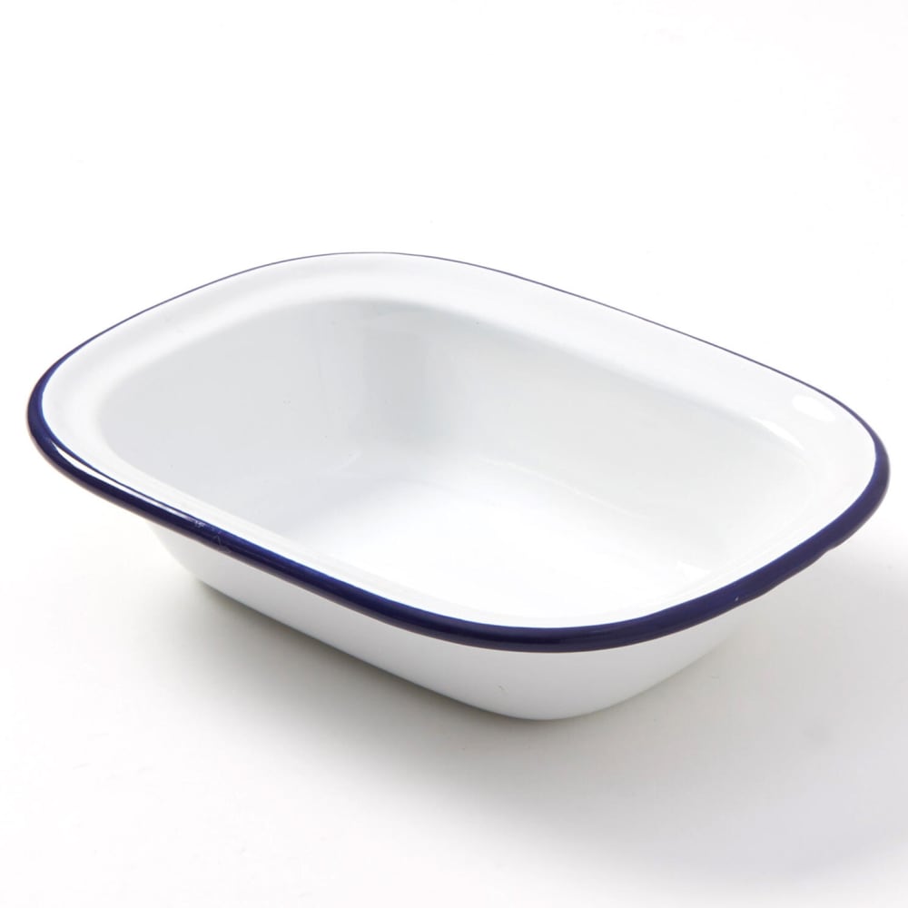 American Metalcraft EWB8 16 oz Oblong Enamelware Bowl - White w/ Blue Rim
