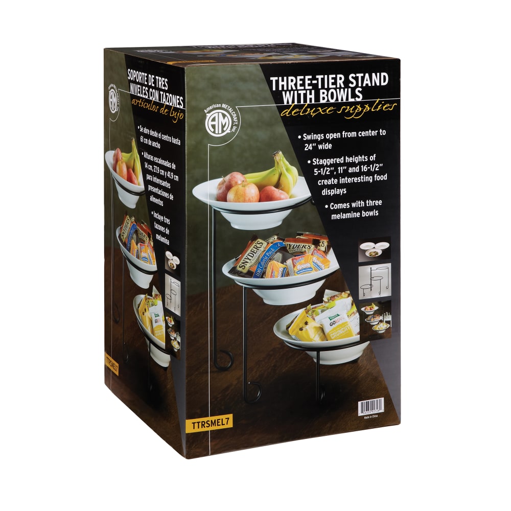 American Metalcraft TTRSMEL7 3 Tier Stand Set w/ Melamine Bowls - Wrought Iron, Black