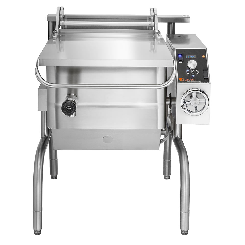 Groen BPM-15GA 15 gal. Tilt Skillet - Open Leg Base, Polished Pan, Measurement Marks, Liquid Propane