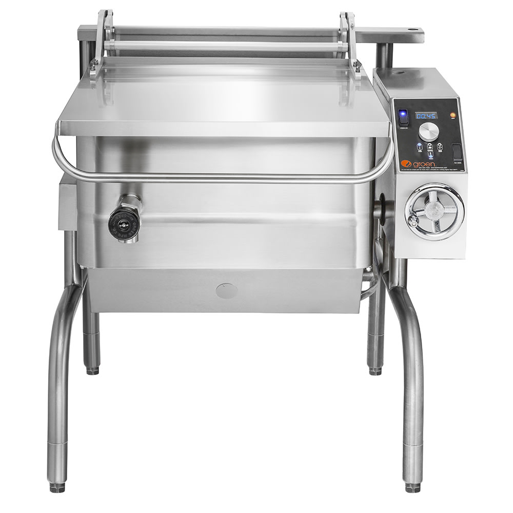 Groen BPM-30EA 30 gal. Tilt Skillet - Open Leg Base, Polished Pan, Measurement Marks, 208v/3ph