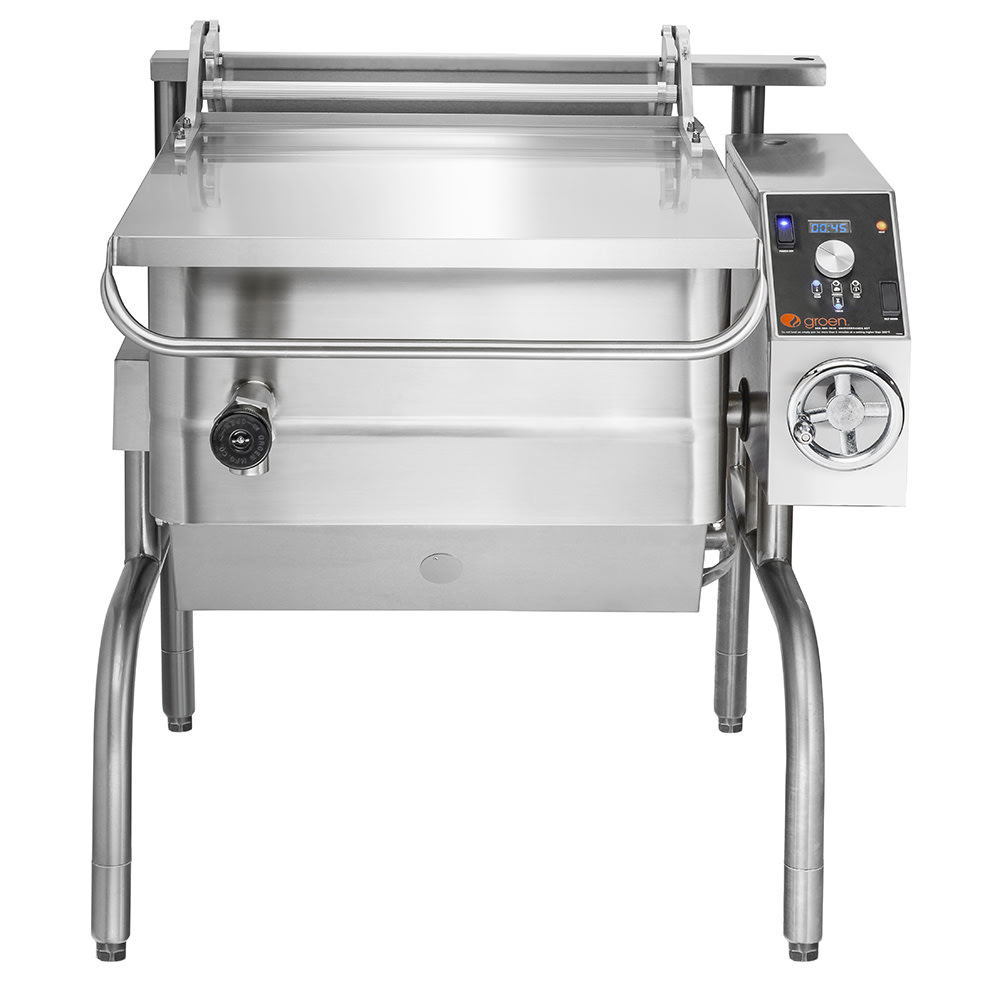 Groen BPM-30GA 30 gal. Tilt Skillet - Open Leg Base, Polished Pan, Measurement Marks, Liquid Propane