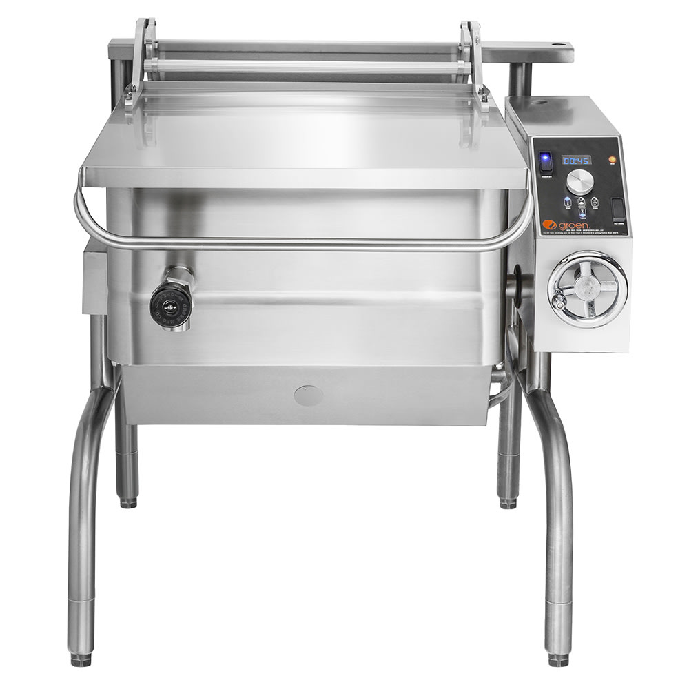 Groen BPM-30GSP 30 gal. Tilt Skillet - Open Leg Base, Polished Pan, Measurement Marks, Liquid Propane