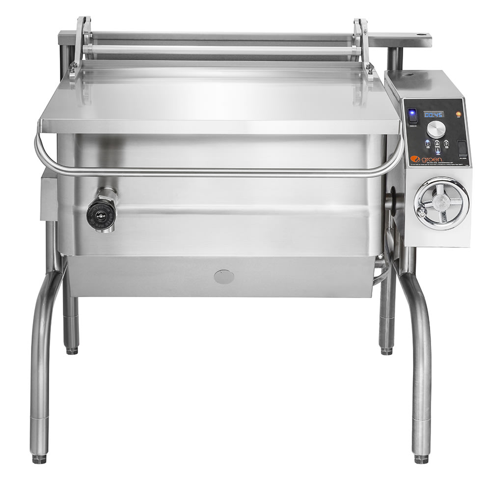 Groen BPM-40EA 40 gal. Tilt Skillet - Open Leg Base, Polished Pan, Measurement Marks, 208v/3ph