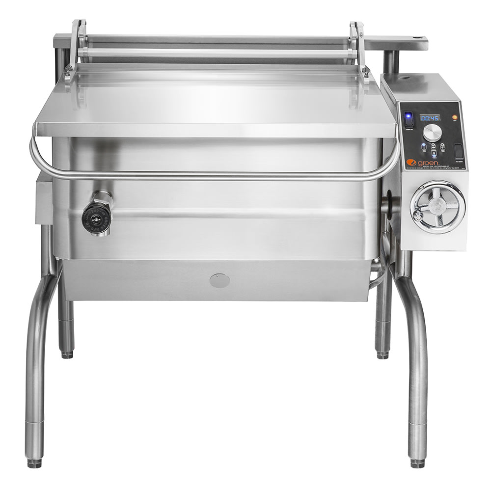 Groen BPM-40EA 40 gal. Tilt Skillet - Open Leg Base, Polished Pan, Measurement Marks, 240v/3ph
