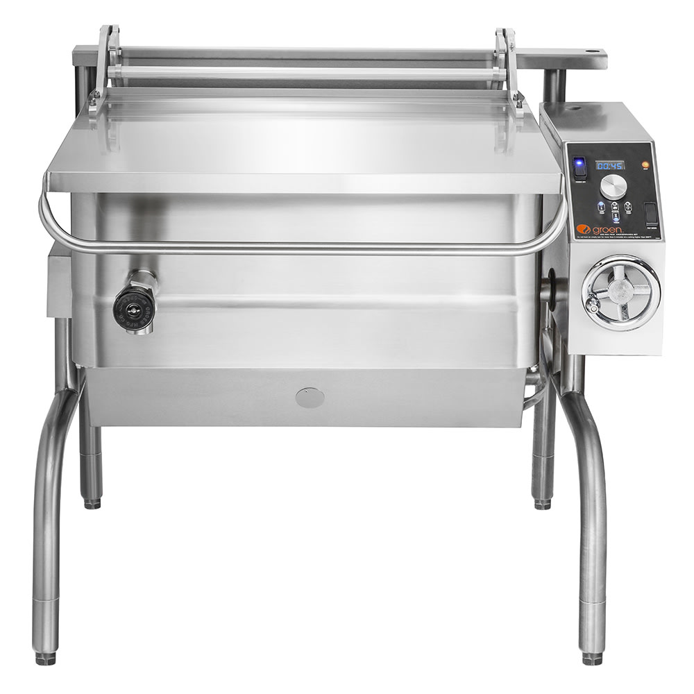 Groen BPM-40GA 40 gal. Tilt Skillet - Open Leg Base, Polished Pan, Measurement Marks, Liquid Propane