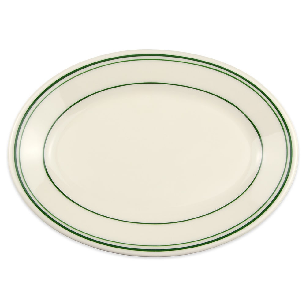 Homer Laughlin HL1531 9 1/2" x 6 3/4" Oval Platter - China, Ivory w/ Green Band