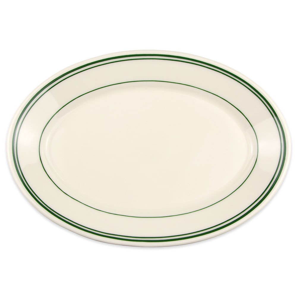 Homer Laughlin HL1541 10 1/2" x 7 1/4" Oval Platter - China, Ivory w/ Green Band