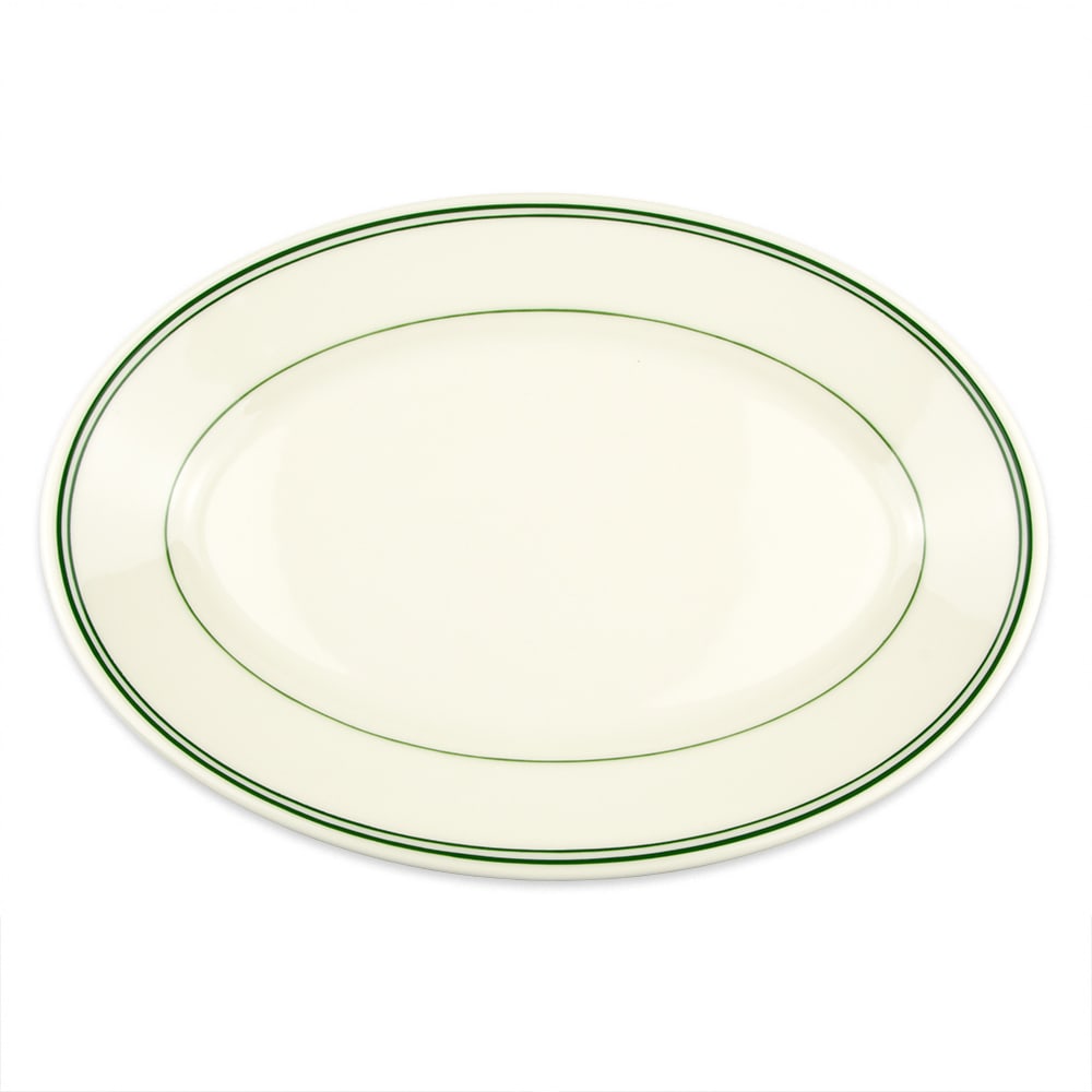 Homer Laughlin HL1571 13 3/8" x 9 1/4" Oval Platter - China, Ivory w/ Green Band