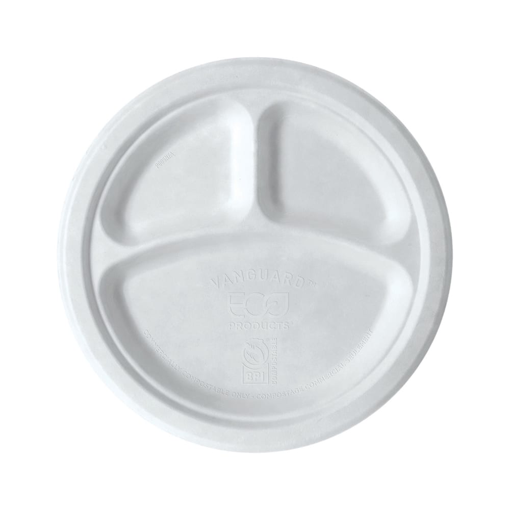 Eco Products Vanguard® WorldView™ 10" Round Disposable Plate w/ (3) Compartments - Molded Fiber, White (EP-P007NFA)
