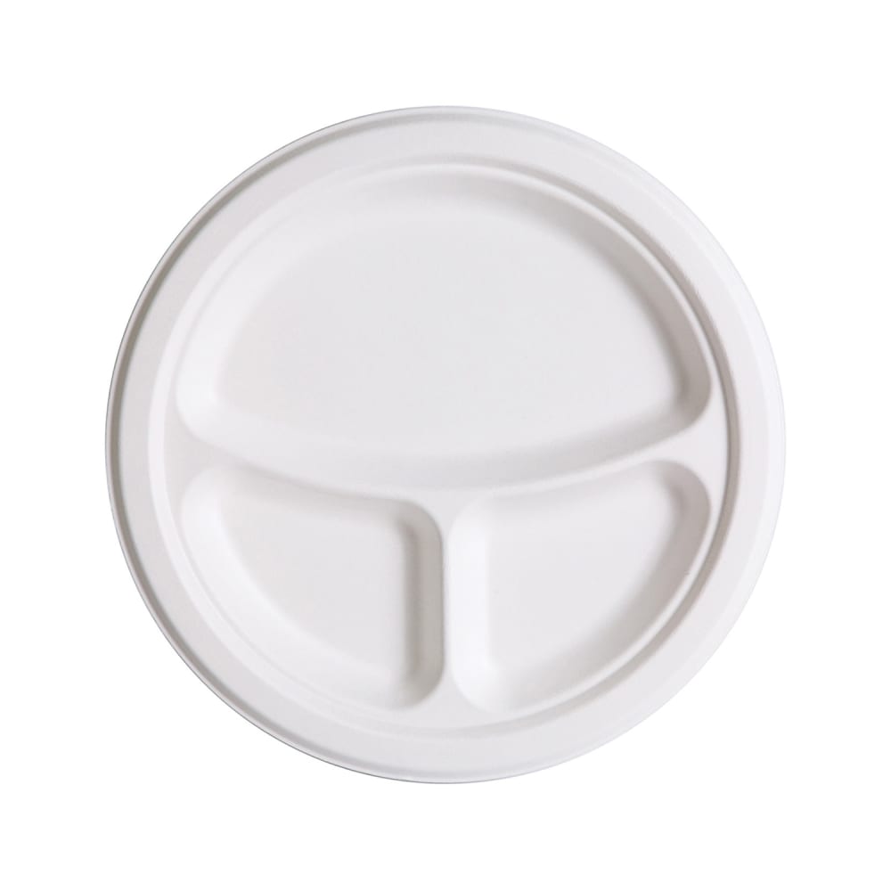 Eco Products Vanguard® WorldView™ 9" Round Disposable Plate w/ (3) Compartments - Molded Fiber, White (EP-P093NFA)