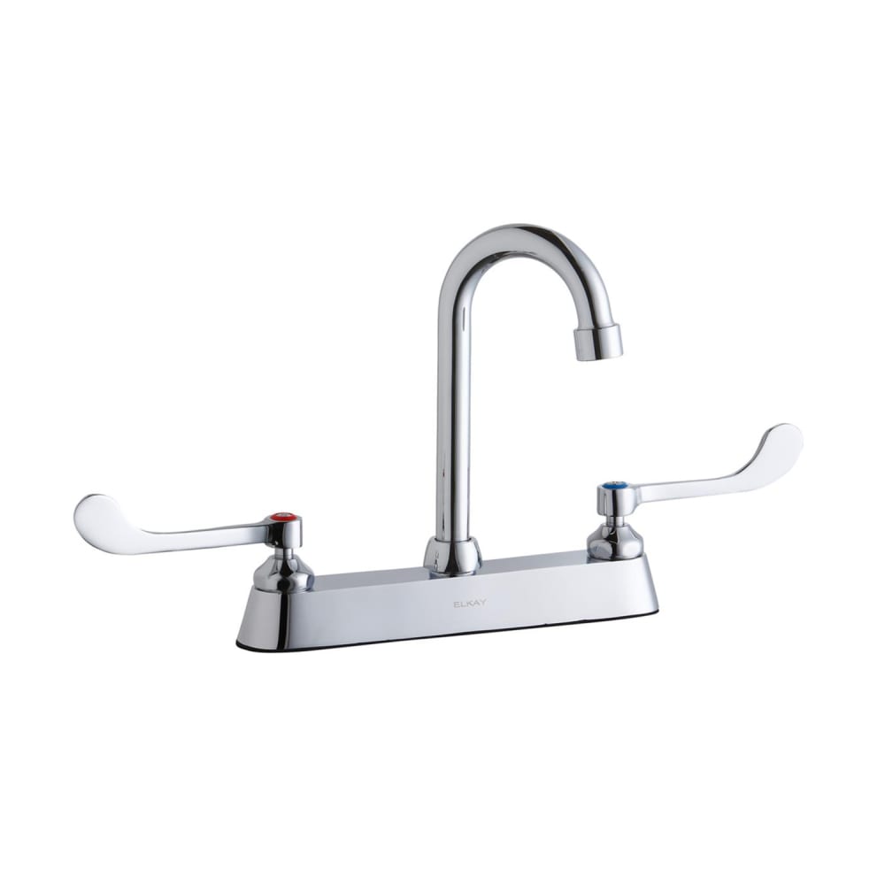 Elkay LK810GN04T6 Deck Mount Faucet w/ 4" Gooseneck Spout & 6" Wrist Blade Handles - 8" Centers