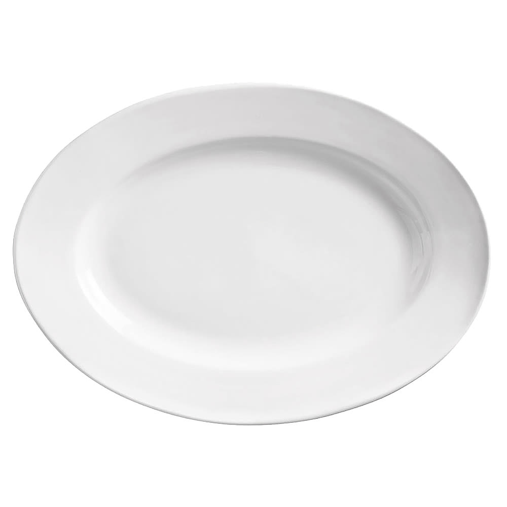 Libbey 840-520R-13 13 3/4" Oval Porcelain Platter w/ Wide Rim & Rolled Edge, Bright White, Porcelana