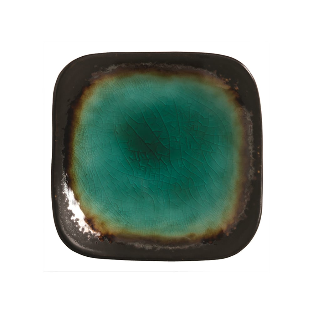 Libbey BF-1 3 1/2" Square Ceramic Plate, Turquoise w/ Dark Brown Rim, Hakone