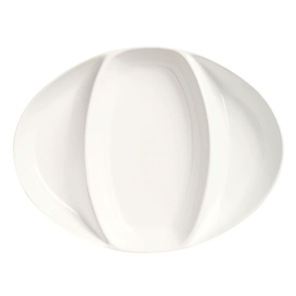 Libbey DP-11 11" x 8 1/4" Oval Chef's Selection Divided Platter w/ (3) Compartments - Porcelain, Bright White