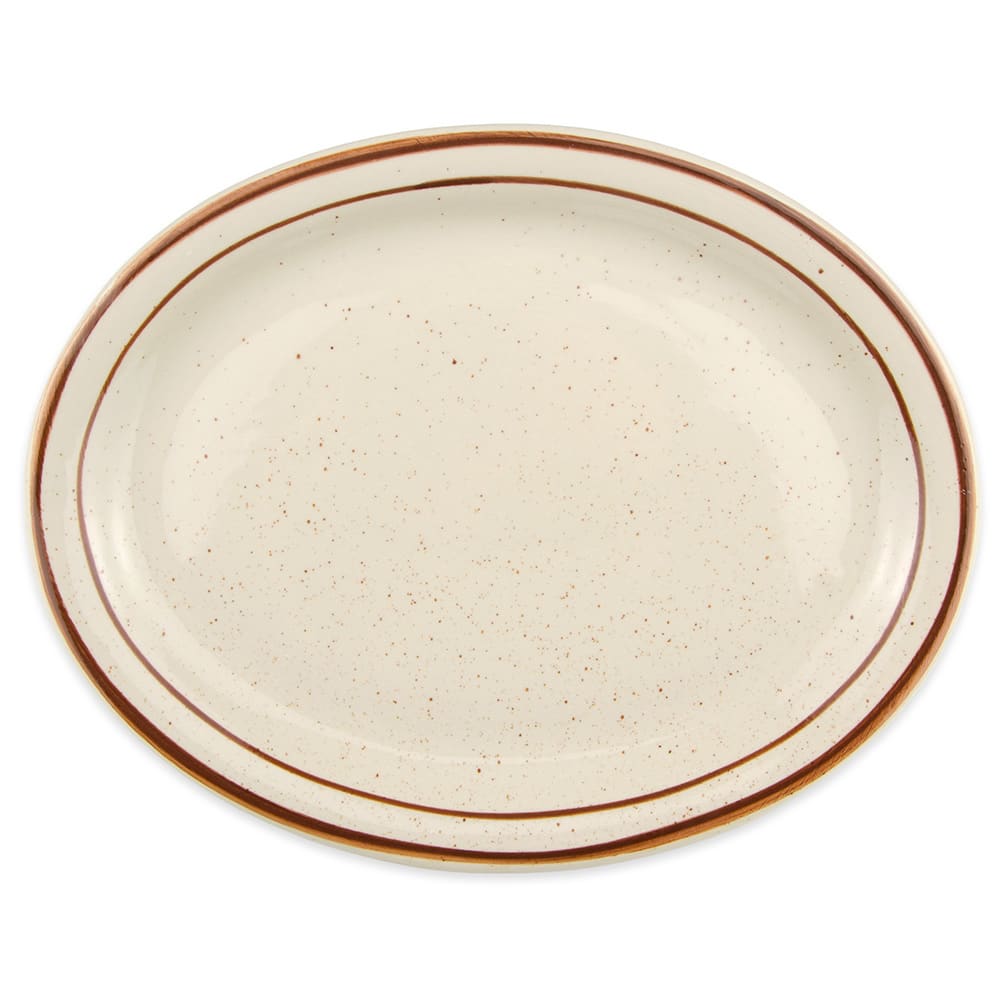 Libbey DSD-12 9 1/2" x 7 1/2" Oval Desert Sand Platter - Speckled, (2) Brown Bands