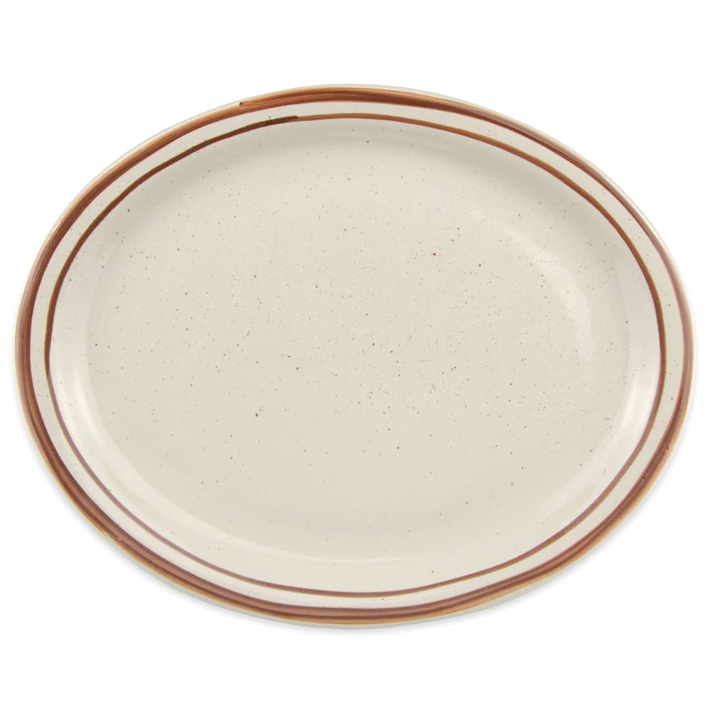 Libbey DSD-13 11 1/2" x 9 1/8" Oval Desert Sand Platter - Speckled, (2) Brown Bands