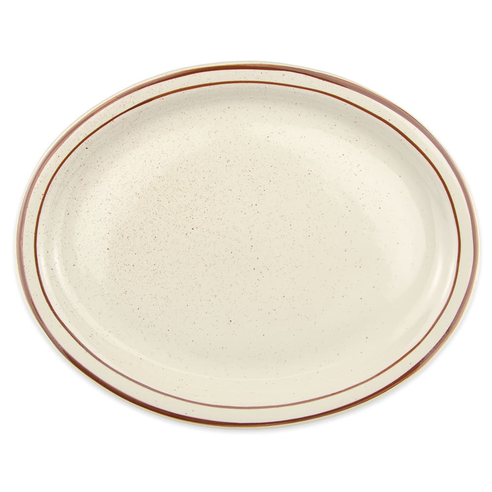 Libbey DSD-14 13 1/4" x 10 1/8" Oval Desert Sand Platter - Speckled, (2) Brown Bands