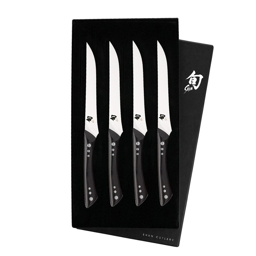 Shun 4 Piece Steak Knife Set w/ Ebony PakkaWood Handles, Stainless Steel (DMS0430)