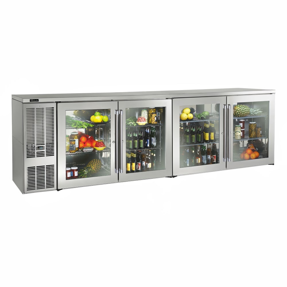 Perlick BBS108-SG-L-STK 108" Bar Refrigerator - 4 Swinging Glass Doors, Stainless, 120v