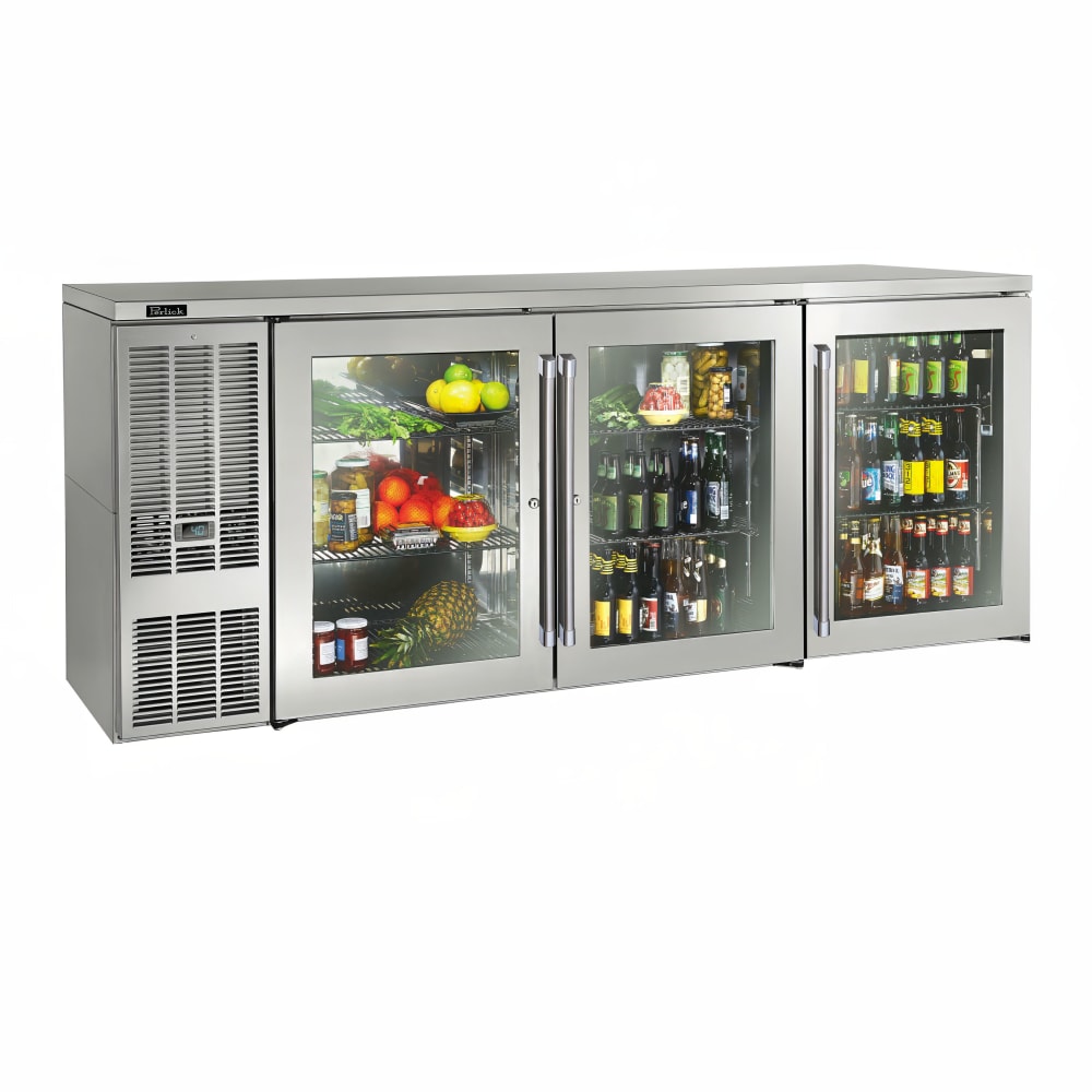 Perlick BBS84-SG-L-STK 84" Bar Refrigerator - 3 Swinging Glass Doors, Stainless, 120v