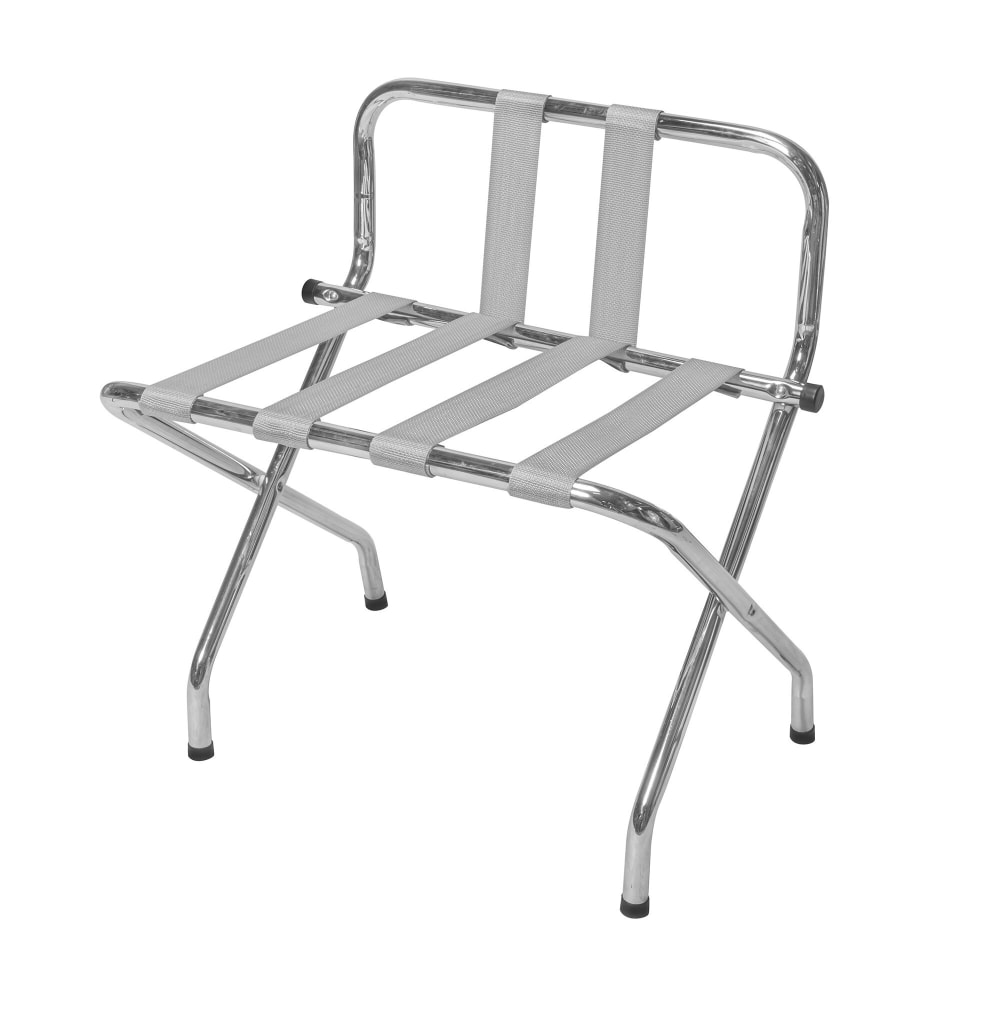 CSL Metal Luggage Rack w/ 2 1/4" Silver Poly Straps - 24 1/4"W x 16"D x 26 1/2"H, Chrome (1055C-SV)