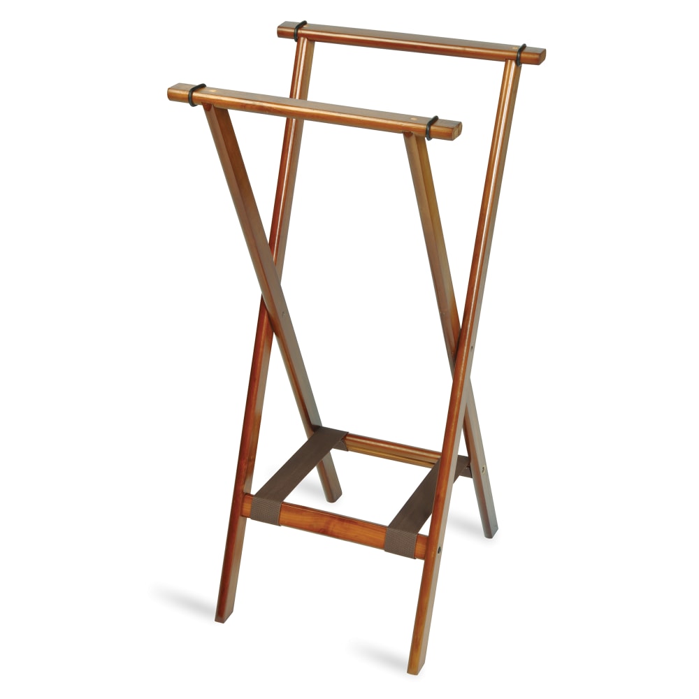 CSL 38"H Folding Tray Stand w/ Brown Straps - 18 1/2" x 17" Top, Wood Frame w/ Dark Walnut Finish (1178BSO)