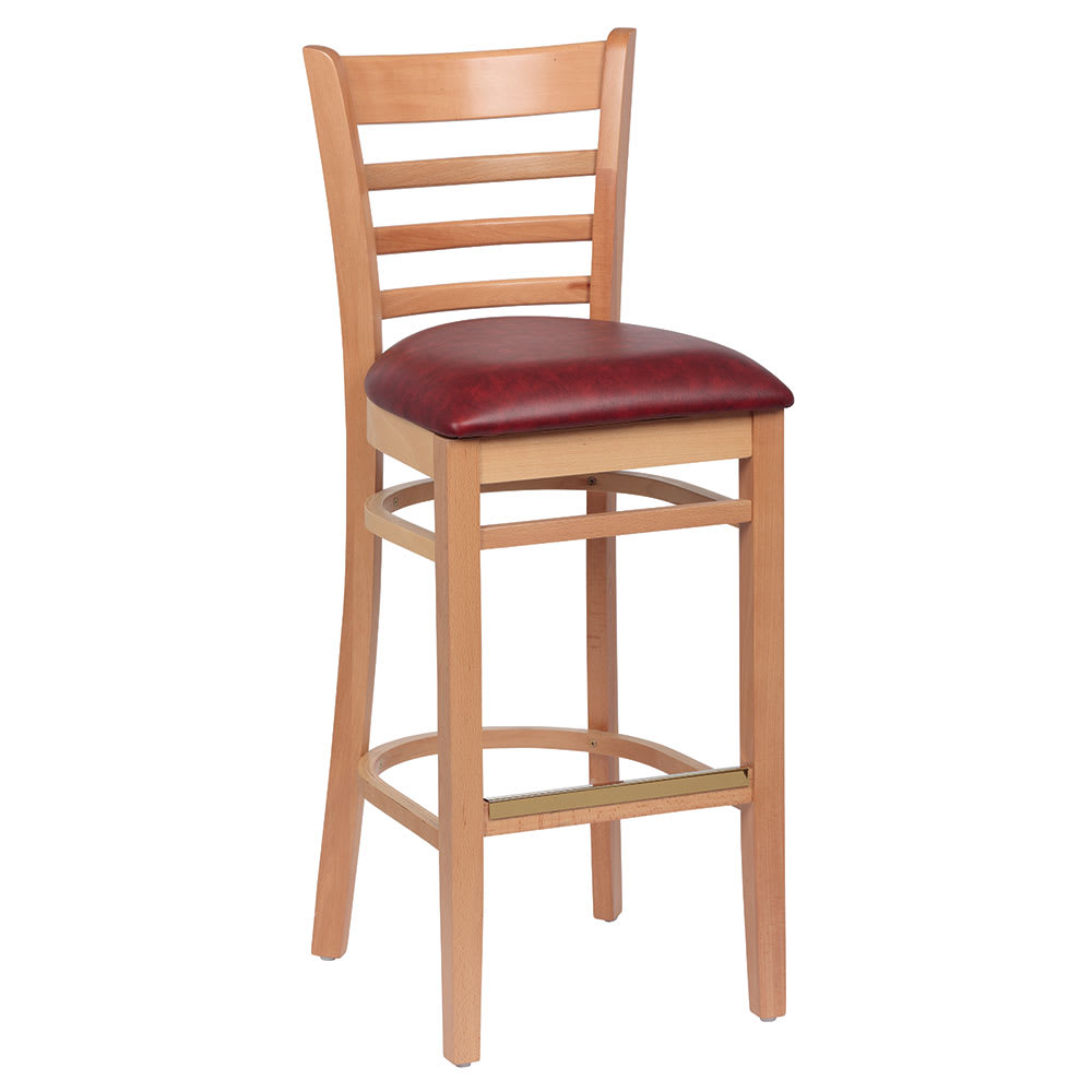 Royal Industries Bar Stool w/ Ladder Back & Crimson Vinyl Seat, Natural Wood (ROY 8002 N CRM)