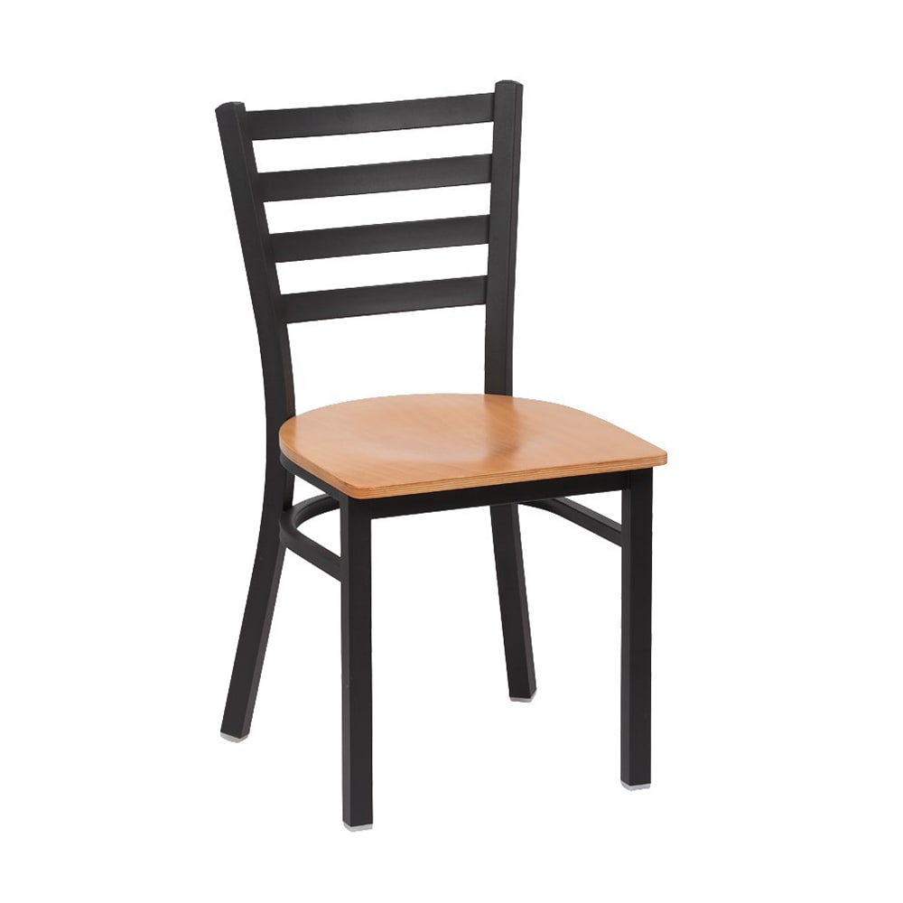 Royal Industries Side Chair w/ Ladder Back & Natural Wood Seat - Metal Frame, Matte Black (ROY 9001 N)