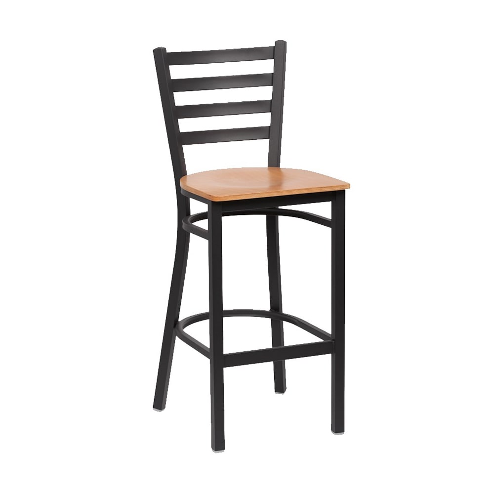 Royal Industries Bar Stool w/ Ladder Back & Natural Wood Seat, Matte Black (ROY 9002 N)