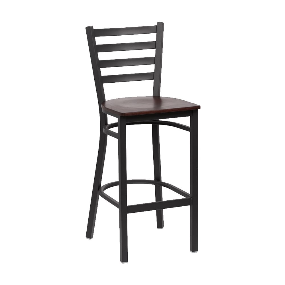 Royal Industries Bar Stool w/ Ladder Back & Walnut Wood Seat, Matte Black (ROY 9002 W)